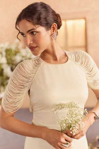 Studio22 By Pulkita Arora Bajaj Ivory Georgette, Satin Round Neck Elisse Beaded Tassel Sleeve Dress Online at Aza Fashions Studio22 By Pulkita Arora Bajaj_Ivory Georgette, Satin Round Neck Elisse Beaded Tassel Sleeve Dress _Online_at_Aza_Fashions