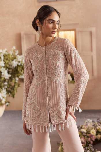 Studio22 By Pulkita Arora Bajaj_Pink Organza, Viscose Round Neck Liora Embroidered Kurta And Gharara Set _Online_at_Aza_Fashions
