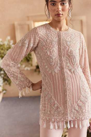 Buy_Studio22 By Pulkita Arora Bajaj_Pink Organza, Viscose Round Neck Liora Embroidered Kurta And Gharara Set _Online_at_Aza_Fashions