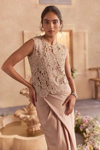 Studio22 By Pulkita Arora Bajaj Beige Organza, Georgette, Satin, Meher Embroidered Top And Fluid Draped Skirt Set Online at Aza Fashions Studio22 By Pulkita Arora Bajaj_Beige Organza, Georgette, Satin, Meher Embroidered Top And Fluid Draped Skirt Set _Online_at_Aza_Fashions