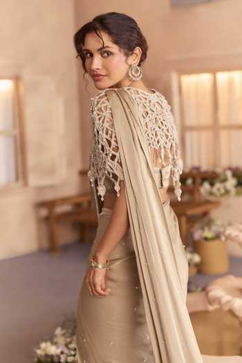 Studio22 By Pulkita Arora Bajaj Beige Organza, Georgette, Octavia Pre-draped Saree Set With Embroidered Cape Online at Aza Fashions Studio22 By Pulkita Arora Bajaj_Beige Organza, Georgette, Octavia Pre-draped Saree Set With Embroidered Cape _Online_at_Aza_Fashions
