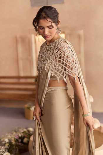 Buy Studio22 By Pulkita Arora Bajaj Beige Organza, Georgette, Octavia Pre-draped Saree Set With Embroidered Cape Online at Aza Fashions Buy_Studio22 By Pulkita Arora Bajaj_Beige Organza, Georgette, Octavia Pre-draped Saree Set With Embroidered Cape _Online_at_Aza_Fashions