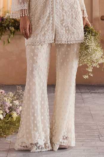 Studio22 By Pulkita Arora Bajaj White Net V-neck Regalia Hand Embroidered Tunic And Pant Set Online at Aza Fashions Studio22 By Pulkita Arora Bajaj_White Net V-neck Regalia Hand Embroidered Tunic And Pant Set _Online_at_Aza_Fashions