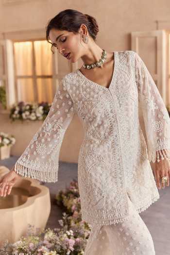 Shop Studio22 By Pulkita Arora Bajaj White Net V-neck Regalia Hand Embroidered Tunic And Pant Set Online at Aza Fashions Shop_Studio22 By Pulkita Arora Bajaj_White Net V-neck Regalia Hand Embroidered Tunic And Pant Set _Online_at_Aza_Fashions