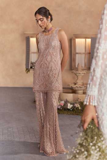 Studio22 By Pulkita Arora Bajaj Pink Net Round Neck Stella Embroidered Kurta And Sharara Set Online at Aza Fashions Studio22 By Pulkita Arora Bajaj_Pink Net Round Neck Stella Embroidered Kurta And Sharara Set _Online_at_Aza_Fashions