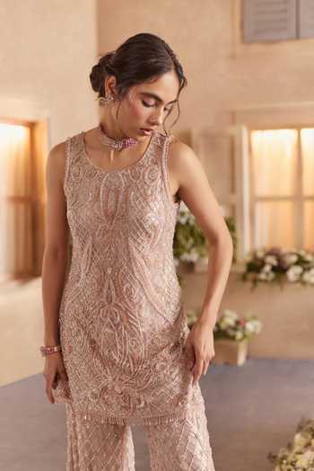 Studio22 By Pulkita Arora Bajaj Pink Net Round Neck Stella Embroidered Kurta And Sharara Set at Aza Fashions Studio22 By Pulkita Arora Bajaj_Pink Net Round Neck Stella Embroidered Kurta And Sharara Set _at_Aza_Fashions