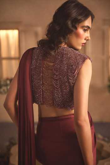 Studio22 By Pulkita Arora Bajaj Wine Georgette, Satin, Net Round Valentina Pre-draped Saree With Beaded Blouse Online at Aza Fashions Studio22 By Pulkita Arora Bajaj_Wine Georgette, Satin, Net Round Valentina Pre-draped Saree With Beaded Blouse _Online_at_Aza_Fashions