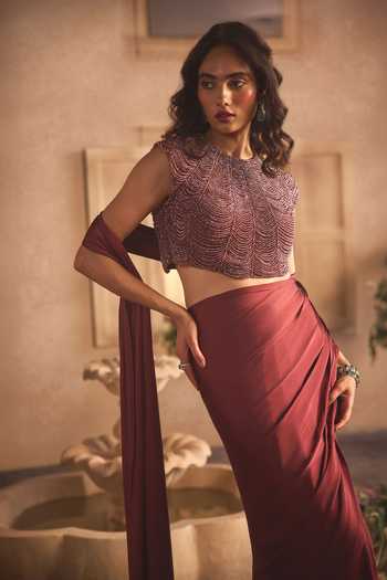Buy Studio22 By Pulkita Arora Bajaj Wine Georgette, Satin, Net Round Valentina Pre-draped Saree With Beaded Blouse Online at Aza Fashions Buy_Studio22 By Pulkita Arora Bajaj_Wine Georgette, Satin, Net Round Valentina Pre-draped Saree With Beaded Blouse _Online_at_Aza_Fashions
