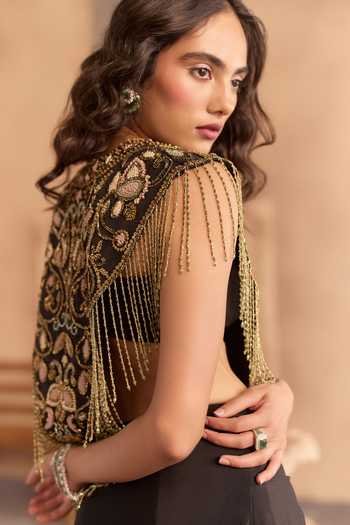 Studio22 By Pulkita Arora Bajaj Black Organza, Viscose Zoe Embellished Cape And Draped Skirt Set Online at Aza Fashions Studio22 By Pulkita Arora Bajaj_Black Organza, Viscose Zoe Embellished Cape And Draped Skirt Set _Online_at_Aza_Fashions