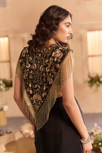 Studio22 By Pulkita Arora Bajaj Black Organza, Viscose Zoe Embellished Cape And Draped Skirt Set at Aza Fashions Studio22 By Pulkita Arora Bajaj_Black Organza, Viscose Zoe Embellished Cape And Draped Skirt Set _at_Aza_Fashions