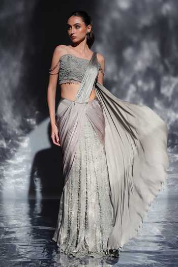 Jade By Ashima_Grey Satin, Shantoon Bandeau Neck Opaline Dusk Pre-draped Saree With Blouse _Online_at_Aza_Fashions