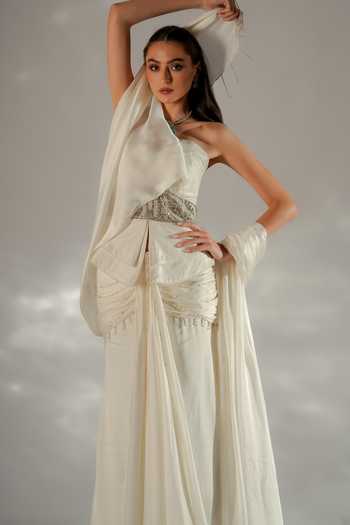Shop Jade By Ashima Ivory Cotton, Organza, Satin, Shantoon Moonlit Corset And Draped Skirt Co-ord Set Online at Aza Fashions Shop_Jade By Ashima_Ivory Cotton, Organza, Satin, Shantoon Moonlit Corset And Draped Skirt Co-ord Set _Online_at_Aza_Fashions