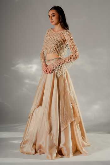 Buy_Jade By Ashima_Gold Shantoon Bandeau , Round Celeste Pearl Jacket And Draped Skirt Set _Online_at_Aza_Fashions
