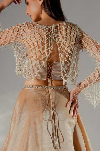 Buy_Jade By Ashima_Gold Shantoon Bandeau , Round Celeste Pearl Jacket And Draped Skirt Set 
