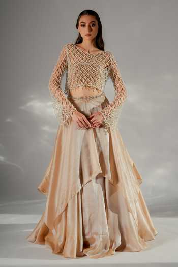 Shop_Jade By Ashima_Gold Shantoon Bandeau , Round Celeste Pearl Jacket And Draped Skirt Set 