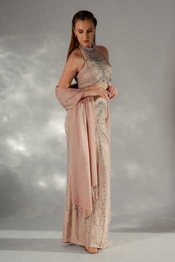 Jade By Ashima_Peach Crepe, Satin, Shantoon Halter Neck Whisper Embroidered Skirt Co-ord Set _Online_at_Aza_Fashions