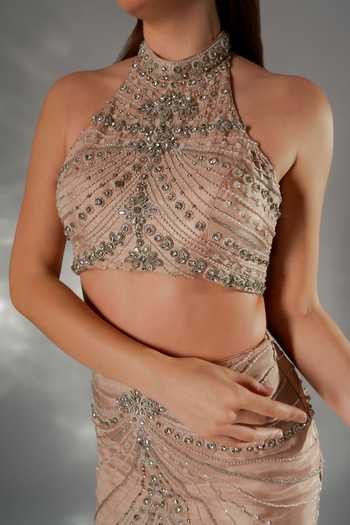 Buy_Jade By Ashima_Peach Crepe, Satin, Shantoon Halter Neck Whisper Embroidered Skirt Co-ord Set _Online_at_Aza_Fashions