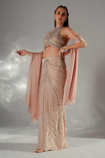 Shop_Jade By Ashima_Peach Crepe, Satin, Shantoon Halter Neck Whisper Embroidered Skirt Co-ord Set _Online_at_Aza_Fashions
