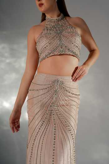 Shop_Jade By Ashima_Peach Crepe, Satin, Shantoon Halter Neck Whisper Embroidered Skirt Co-ord Set 