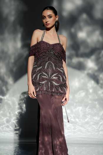 Jade By Ashima_Brown Crepe, Organza, Shantoon Noor Draped Embroidered Kurta And Sharara Set _Online_at_Aza_Fashions