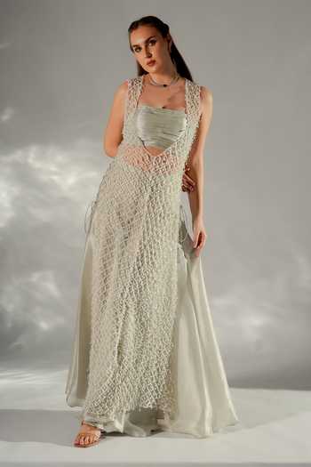 Jade By Ashima_Grey Cotton, Crepe, Net, Shantoon Bandeau Luna Pearl Woven Jacket And Sharara Set _Online_at_Aza_Fashions