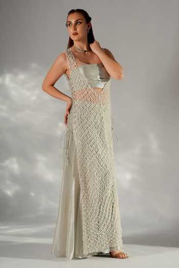 Buy_Jade By Ashima_Grey Cotton, Crepe, Net, Shantoon Bandeau Luna Pearl Woven Jacket And Sharara Set _Online_at_Aza_Fashions