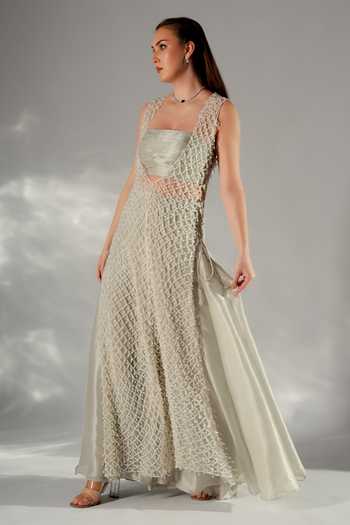 Shop_Jade By Ashima_Grey Cotton, Crepe, Net, Shantoon Bandeau Luna Pearl Woven Jacket And Sharara Set _Online_at_Aza_Fashions
