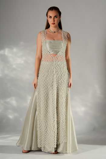 Jade By Ashima_Grey Cotton, Crepe, Net, Shantoon Bandeau Luna Pearl Woven Jacket And Sharara Set _at_Aza_Fashions