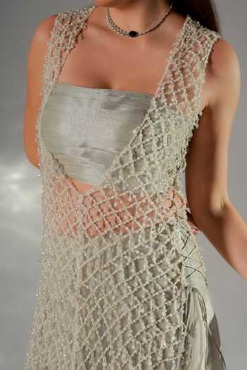 Buy_Jade By Ashima_Grey Cotton, Crepe, Net, Shantoon Bandeau Luna Pearl Woven Jacket And Sharara Set 