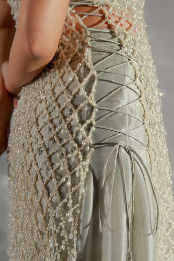 Shop_Jade By Ashima_Grey Cotton, Crepe, Net, Shantoon Bandeau Luna Pearl Woven Jacket And Sharara Set 