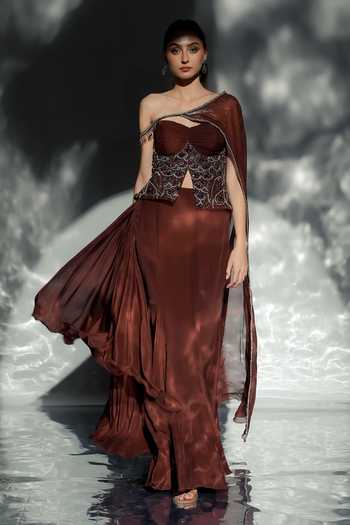 Jade By Ashima_Brown Organza, Crepe, Shantoon Eloise Draped Skirt Set With One Shoulder _Online_at_Aza_Fashions