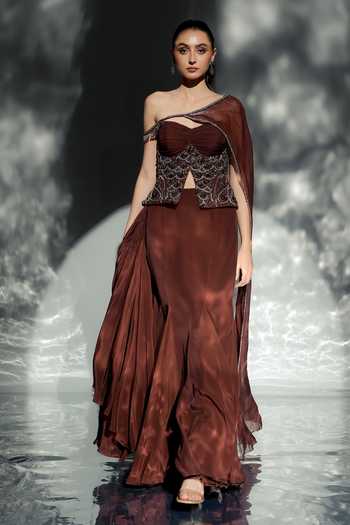 Buy_Jade By Ashima_Brown Organza, Crepe, Shantoon Eloise Draped Skirt Set With One Shoulder _Online_at_Aza_Fashions
