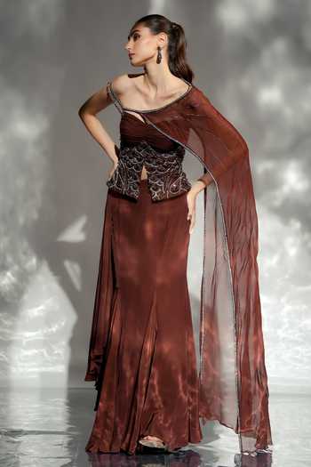 Shop_Jade By Ashima_Brown Organza, Crepe, Shantoon Eloise Draped Skirt Set With One Shoulder _Online_at_Aza_Fashions