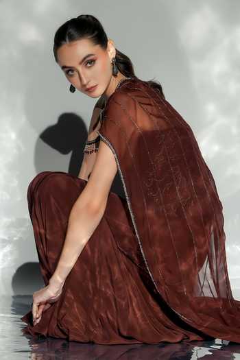 Jade By Ashima_Brown Organza, Crepe, Shantoon Eloise Draped Skirt Set With One Shoulder _at_Aza_Fashions