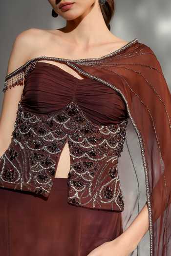 Buy_Jade By Ashima_Brown Organza, Crepe, Shantoon Eloise Draped Skirt Set With One Shoulder 