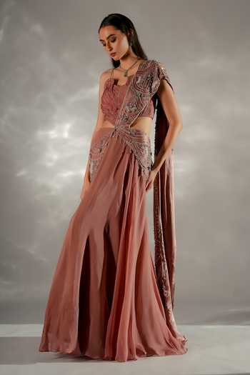 Jade By Ashima_Peach Organza, Crepe, Satin, Shantoon Moon Veil Pre-draped Saree With Corset _Online_at_Aza_Fashions