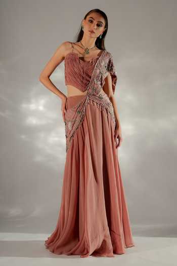 Buy_Jade By Ashima_Peach Organza, Crepe, Satin, Shantoon Moon Veil Pre-draped Saree With Corset _Online_at_Aza_Fashions