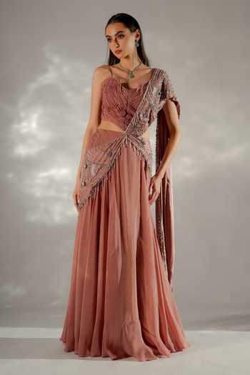 Shop_Jade By Ashima_Peach Organza, Crepe, Satin, Shantoon Moon Veil Pre-draped Saree With Corset _Online_at_Aza_Fashions