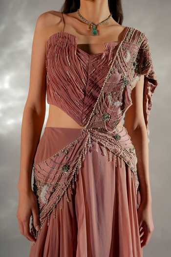 Jade By Ashima_Peach Organza, Crepe, Satin, Shantoon Moon Veil Pre-draped Saree With Corset _at_Aza_Fashions