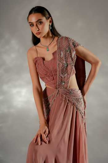 Buy_Jade By Ashima_Peach Organza, Crepe, Satin, Shantoon Moon Veil Pre-draped Saree With Corset 
