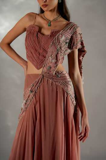 Shop_Jade By Ashima_Peach Organza, Crepe, Satin, Shantoon Moon Veil Pre-draped Saree With Corset 