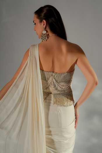 Jade By Ashima_Ivory Cotton, Organza, Crepe, Luminara Pre-draped Saree With Embellished Corset _Online_at_Aza_Fashions