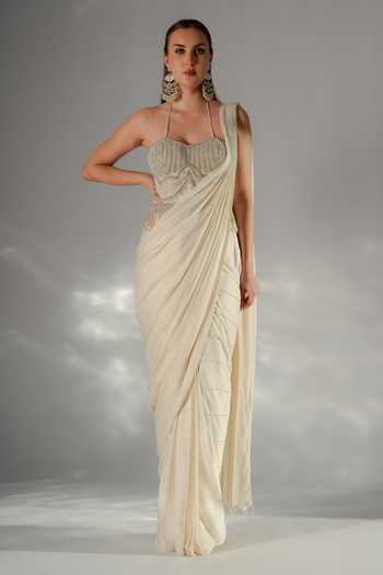Buy_Jade By Ashima_Ivory Cotton, Organza, Crepe, Luminara Pre-draped Saree With Embellished Corset _Online_at_Aza_Fashions