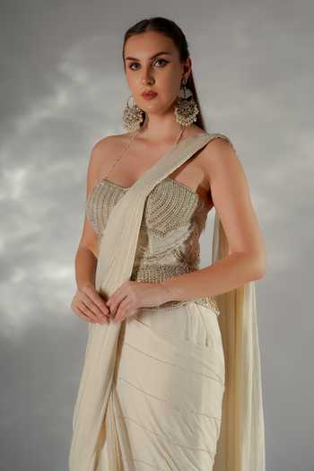 Shop_Jade By Ashima_Ivory Cotton, Organza, Crepe, Luminara Pre-draped Saree With Embellished Corset _Online_at_Aza_Fashions