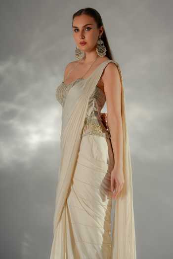Jade By Ashima_Ivory Cotton, Organza, Crepe, Luminara Pre-draped Saree With Embellished Corset _at_Aza_Fashions