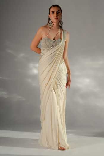 Buy_Jade By Ashima_Ivory Cotton, Organza, Crepe, Luminara Pre-draped Saree With Embellished Corset 
