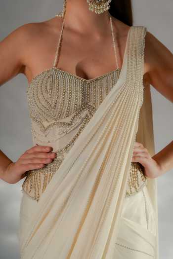 Shop_Jade By Ashima_Ivory Cotton, Organza, Crepe, Luminara Pre-draped Saree With Embellished Corset 