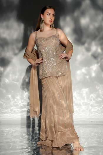 Jade By Ashima_Gold Cotton, Organza, Satin, Shantoon Zaria Embroidered Short Kurta Sharara Set _Online_at_Aza_Fashions