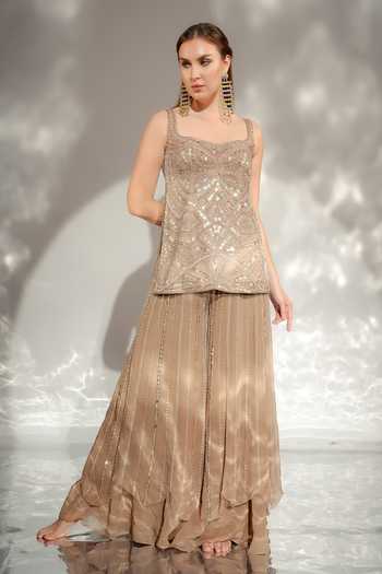 Buy_Jade By Ashima_Gold Cotton, Organza, Satin, Shantoon Zaria Embroidered Short Kurta Sharara Set _Online_at_Aza_Fashions