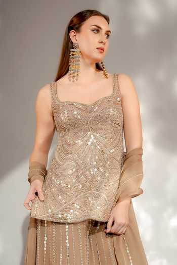 Jade By Ashima_Gold Cotton, Organza, Satin, Shantoon Zaria Embroidered Short Kurta Sharara Set _at_Aza_Fashions